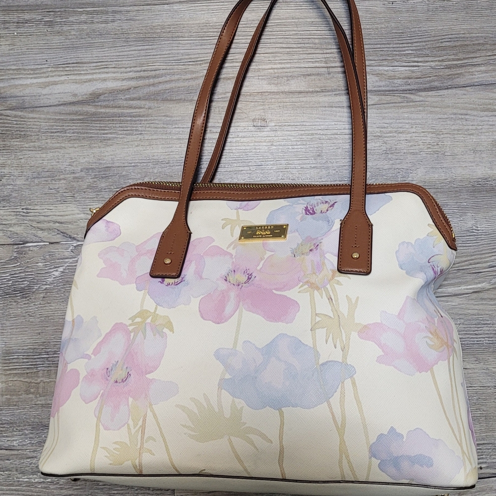 LAUREN R L L Floral Cream and Brown Women's Bag
